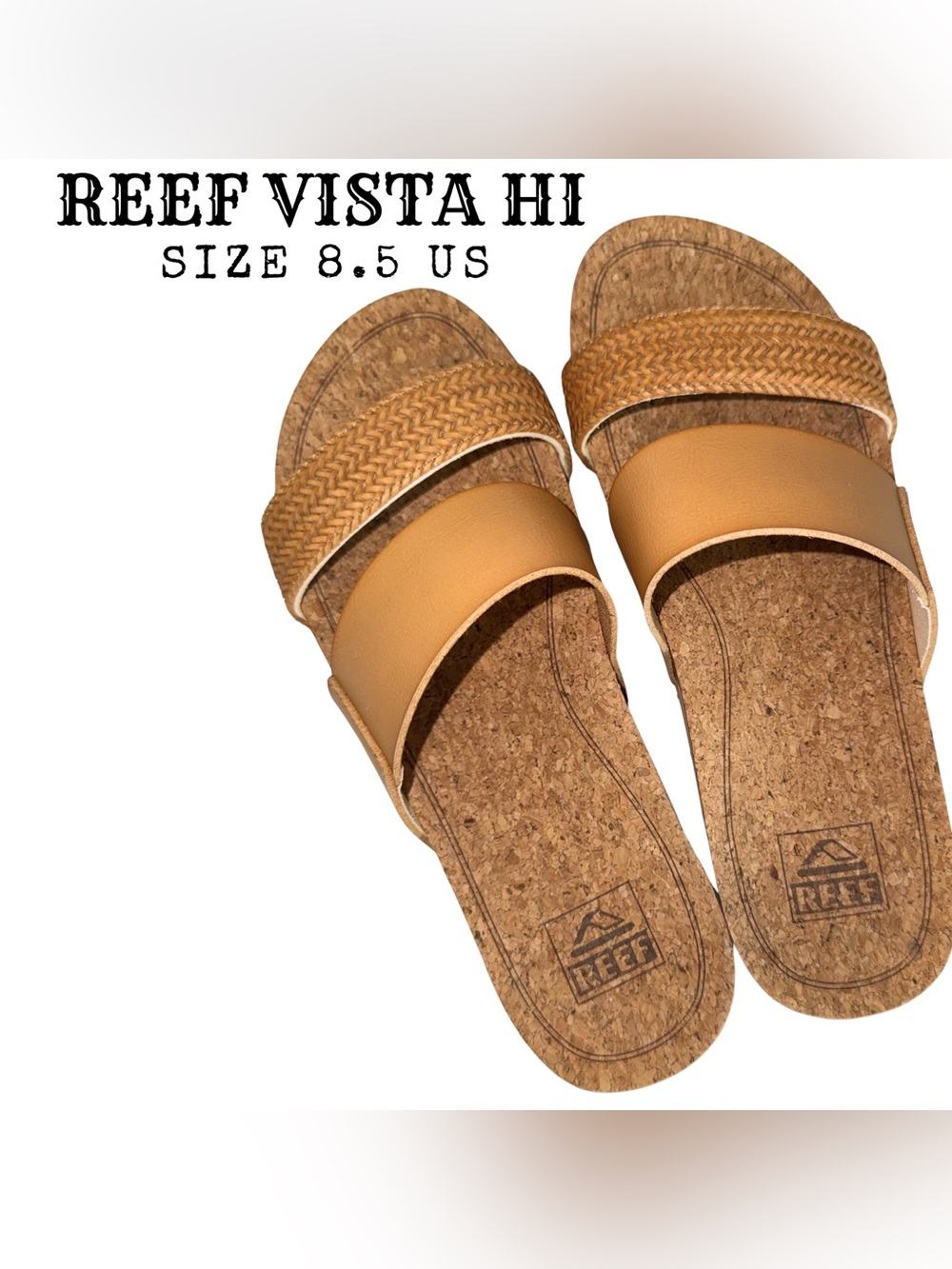 Reef Cushion Vista Hi Platform Sandals Womens 8.5 Tan Cork Vegan Leather Slides
